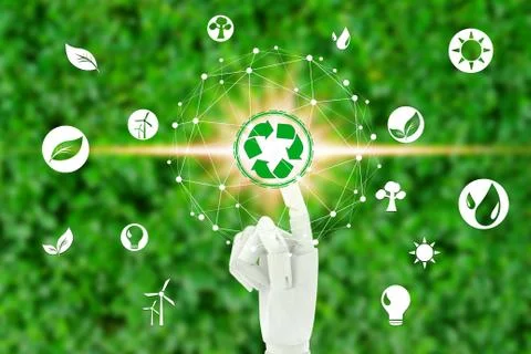 Robot hand touching virtual environment icons over the network connection on  Foto stock