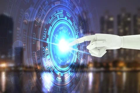 Robot hand touching virtual screen technology, Artificial Intelligence Techno Stock-Fotos