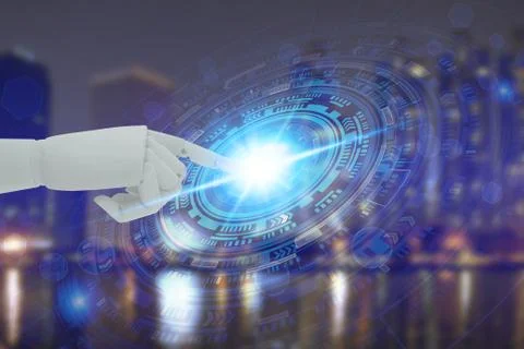 Robot hand touching virtual screen technology, Artificial Intelligence Techno 스톡 사진