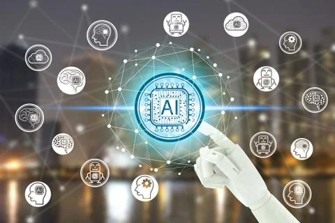 Robot hand touching virtual screen Artificial Intelligence technology icon ov 스톡 사진