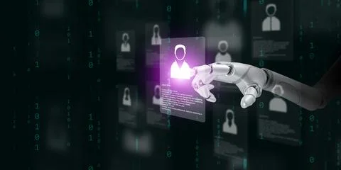 Robot hand using AI to select male candidate profile from digital interface.. 写真素材