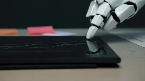 Robot hand using stylus on digital tablet in modern workspace Stock Photos