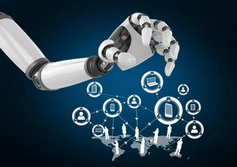 Robot hand with white network against dark blue background Stock Illustration