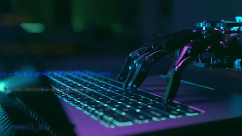 Robot hand working and typing on pc keyboard with AI Technology. Artificial 스톡 동영상 280549317