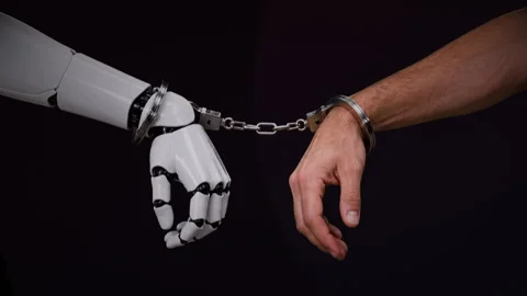 Robot handcuffed to a human male Stock Footage 345979995