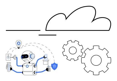 Robot handling tasks thumbs up research, security, and tools beside a cloud i Stock Illustration