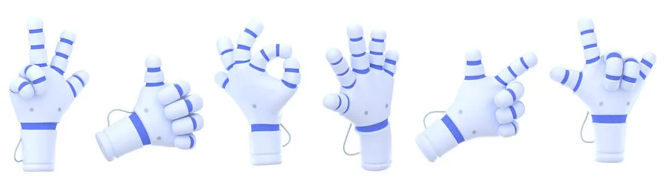 Robot hands 3d render, chatbot palms gestures set Stock Illustration