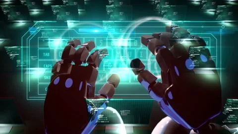 Robot hands artificial intelligence working on coding website programming wi Stock Footage 238037402