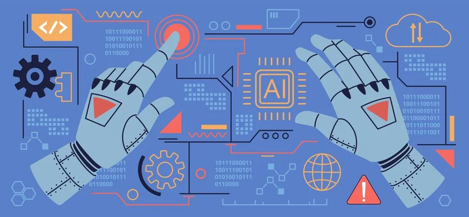 Robot hands. Artificial intelligence writing program, mechanical limbs use touch Stock Illustration