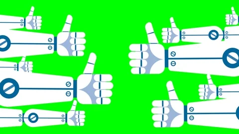 Robot hands on both sides of the screen appear and show the "like" sign gesture Stock Footage 254876527