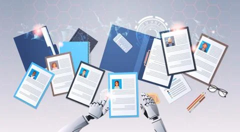 Robot hands choosing cv profile businesspeople to hire curriculum vitae Stock Illustration