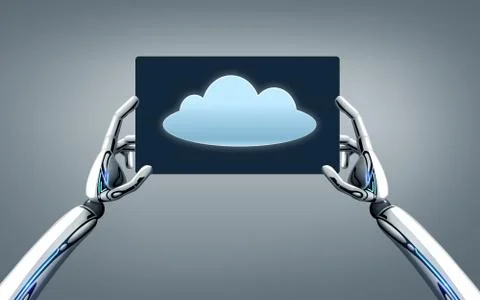 Robot hands with cloud image on tablet pc screen イラスト素材