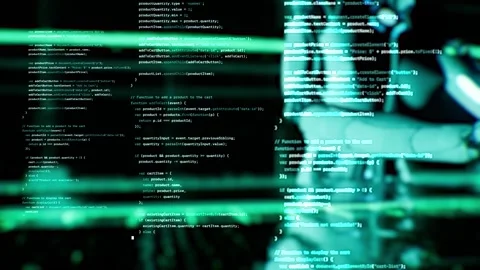 Robot hands coding binary code with java script web shop template programmin Stock Footage 246682708