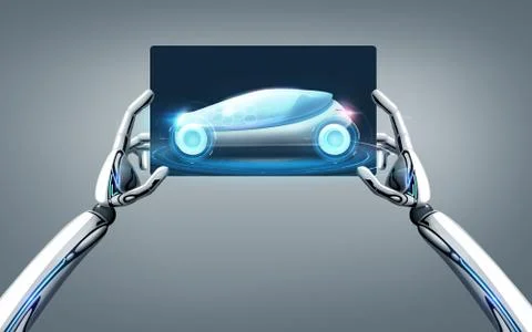 Robot hands with concept car on tablet pc screen イラスト素材