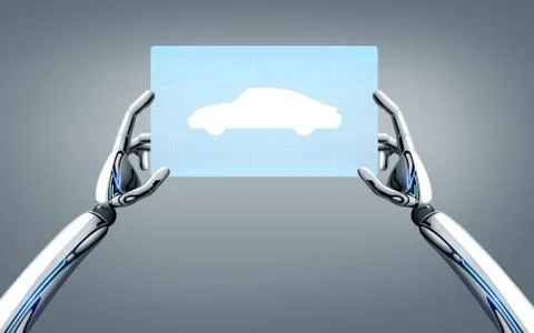 Robot hands with concept car on tablet pc screen イラスト素材