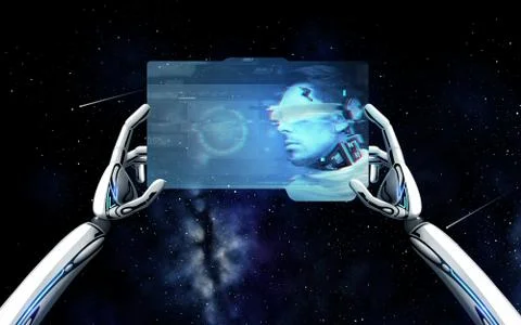 Robot hands with cyborg on tablet pc over space Stock Illustration