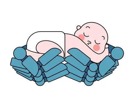Robot hands holding a baby, symbolizing AI caring for humanity. Concept of .. Illustrazione stock