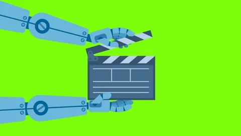 Robot hands holding blue clapper board. Represents modern technology's influence Video stock 343338705