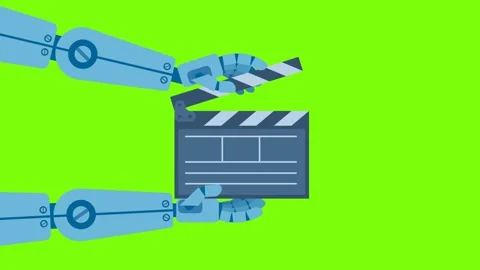 Robot hands holding blue clapperboard. AI video creation. Robot working on video 스톡 동영상 337868513