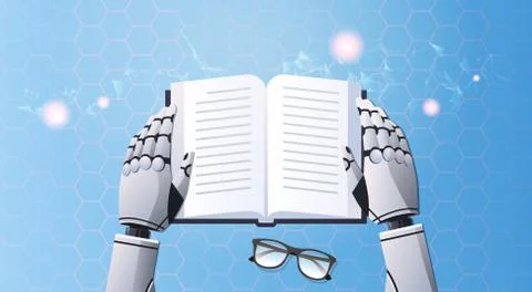 Robot hands holding note book humanoid reading text top angle view artificial Stock Illustration