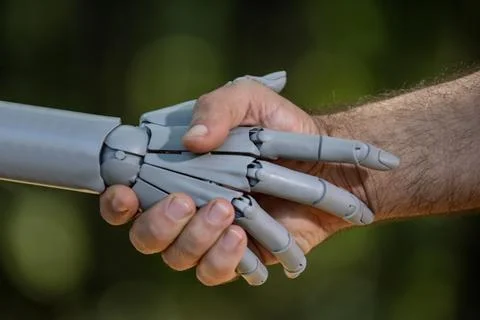 Robot hands with human intelligence. Human hands in robotic ai. Robot hands o Stock Photos