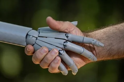 Robot hands with human intelligence. Human hands in robotic ai. Robot hands o Stock Photos