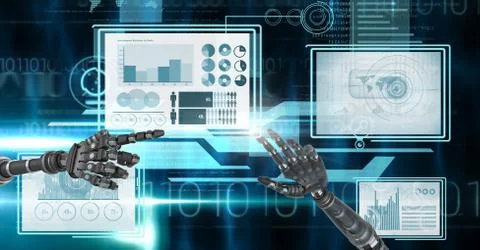 Robot hands interacting with technology interface panels Free Stock Illustration