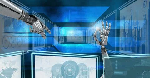 Robot hands interacting with technology interface panels Free Stock Illustration