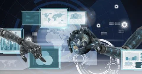 Robot hands interacting with technology interface panels holding world globe Illustrazione stock gratuita