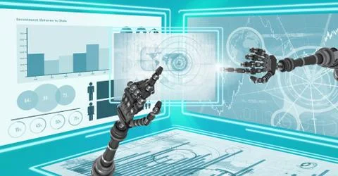 Robot hands interacting with technology interface panels Free Stock Illustration