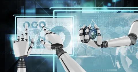 Robot hands interacting with technology interface panels holding world globe Illustrazione stock gratuita