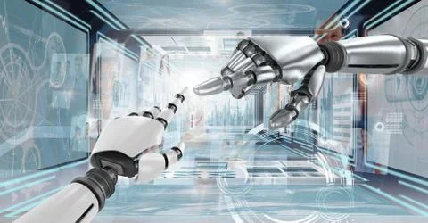 Robot hands interacting with technology interface panels Free Stock Illustration