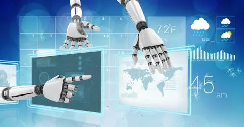Robot hands interacting with technology interface panels of world weather Illustrazione stock gratuita