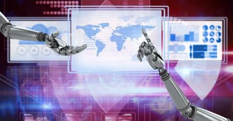 Robot hands interacting with technology interface panels Illustrazione stock gratuita