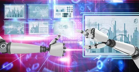 Robot hands interacting with technology interface panels Free Stock Illustration