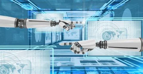 Robot hands interacting with technology interface panels Free Stock Illustration