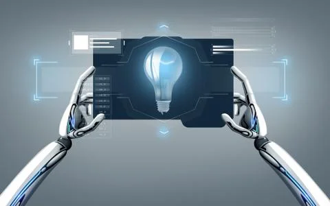 Robot hands with light bulb on tablet pc Stock Illustration