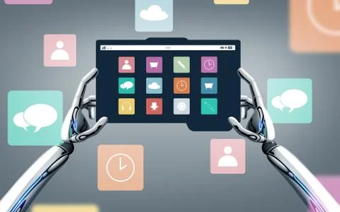 Robot hands with menu icons on tablet pc screen イラスト素材