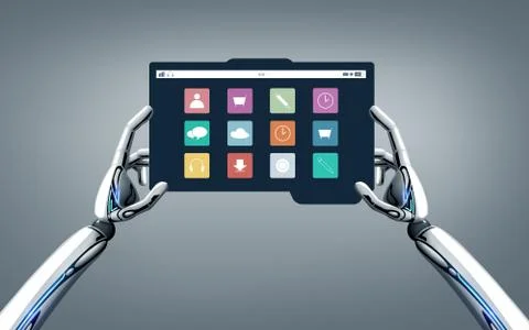 Robot hands with menu icons on tablet pc screen イラスト素材