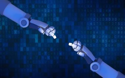 Robot hands pointing to each other on blue computer data code background in f Stock Illustration