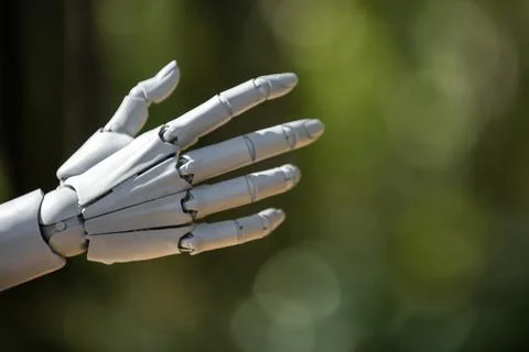 Robot hands with robotics technology. Robotic hand and machine innovation. Ro Stock Photos