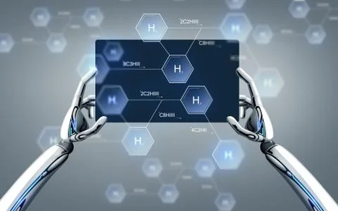 Robot hands with tablet pc and chemical formula Illustrazione stock