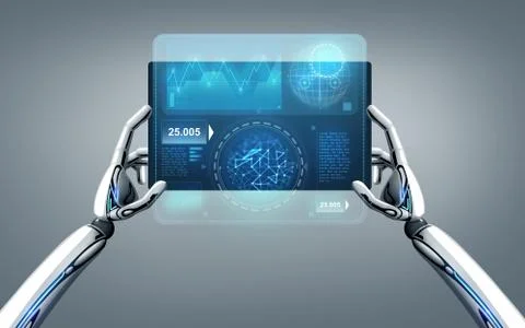 Robot hands with tablet pc over gray background Stock Illustration