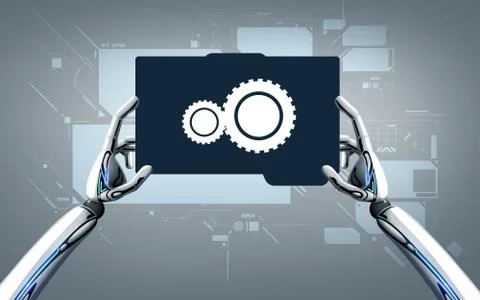 Robot hands with tablet pc over gray background Stock Illustration