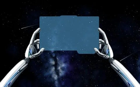 Robot hands with tablet pc over space background Stock Illustration