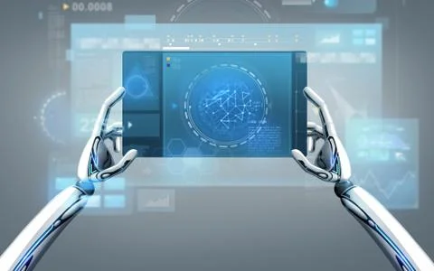 Robot hands with tablet pc over gray background Stock Illustration