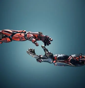 Robot hands touch, artificial intelligence concept. Illustrazione stock