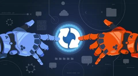 Robot Hands Touching Digital Button Of System Update On Modern Screen Abstract Stock Illustration