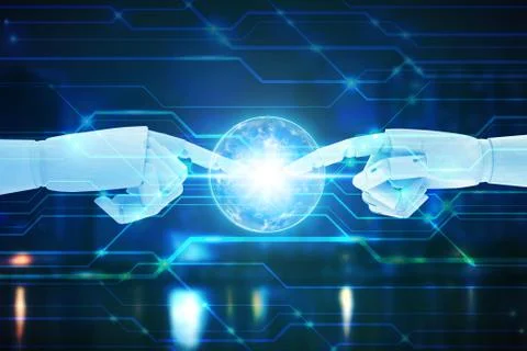 Robot hands touching on technology background, Artificial Intelligence Techno Stock Photos