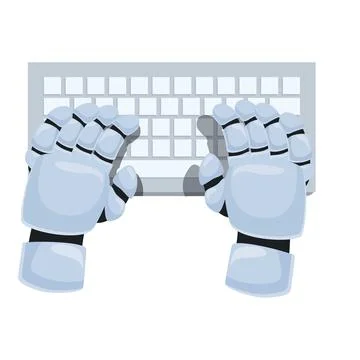 Robot hands typing on keyboard, artificial intelligence working on computer Stock Illustration